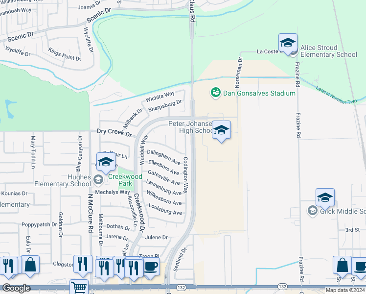 map of restaurants, bars, coffee shops, grocery stores, and more near 709 Codington Way in Modesto