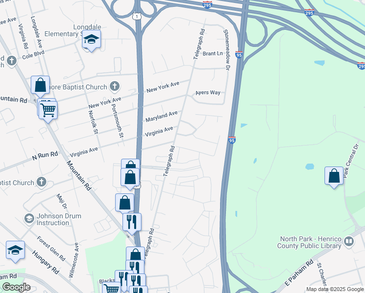 map of restaurants, bars, coffee shops, grocery stores, and more near 9021 Telegraph Road in Glen Allen