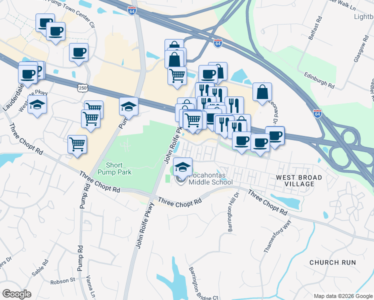map of restaurants, bars, coffee shops, grocery stores, and more near Liesfeld Place in Glen Allen