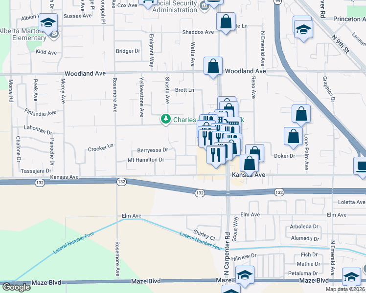 map of restaurants, bars, coffee shops, grocery stores, and more near 1009 Bobcat Court in Modesto