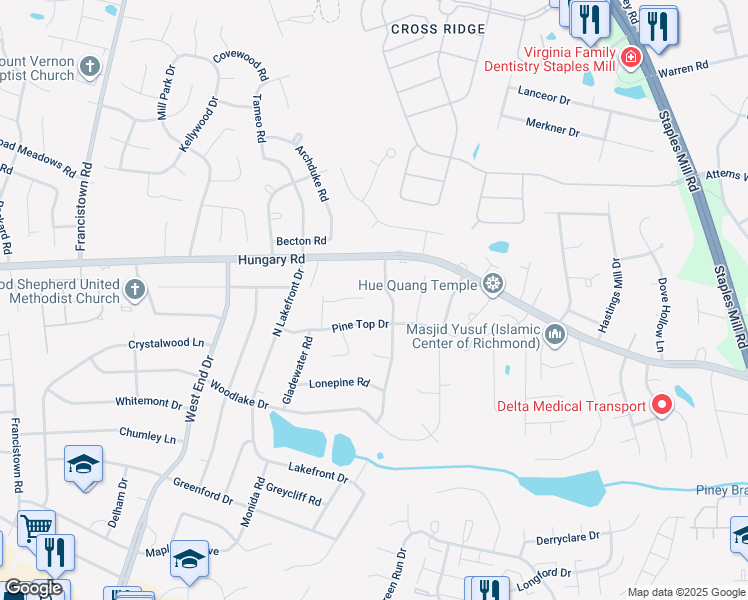 map of restaurants, bars, coffee shops, grocery stores, and more near 8701 Gladewater Court in Henrico