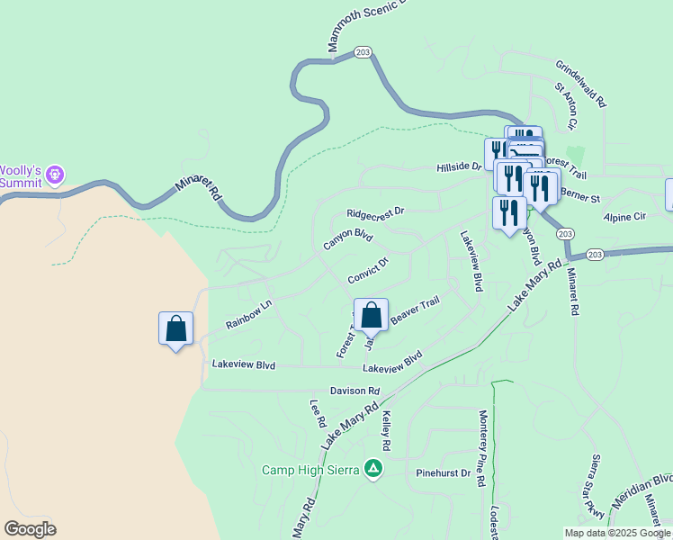map of restaurants, bars, coffee shops, grocery stores, and more near 19 Rainbow Lane in Mammoth Lakes
