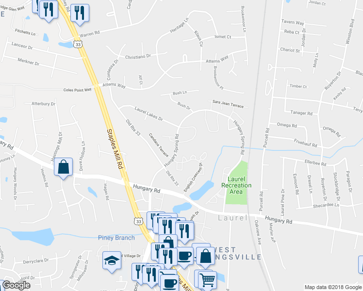 map of restaurants, bars, coffee shops, grocery stores, and more near 9402 Tracey Lynne Circle in Glen Allen