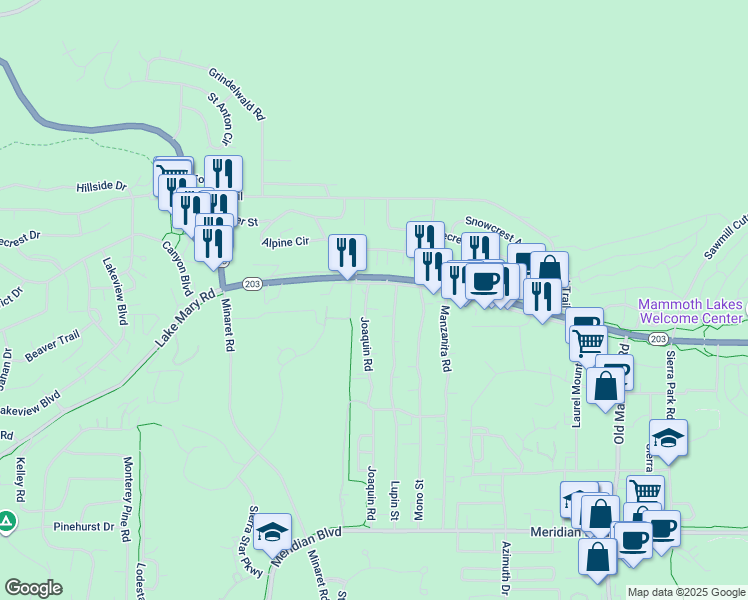 map of restaurants, bars, coffee shops, grocery stores, and more near 26 Joaquin Road in Mammoth Lakes