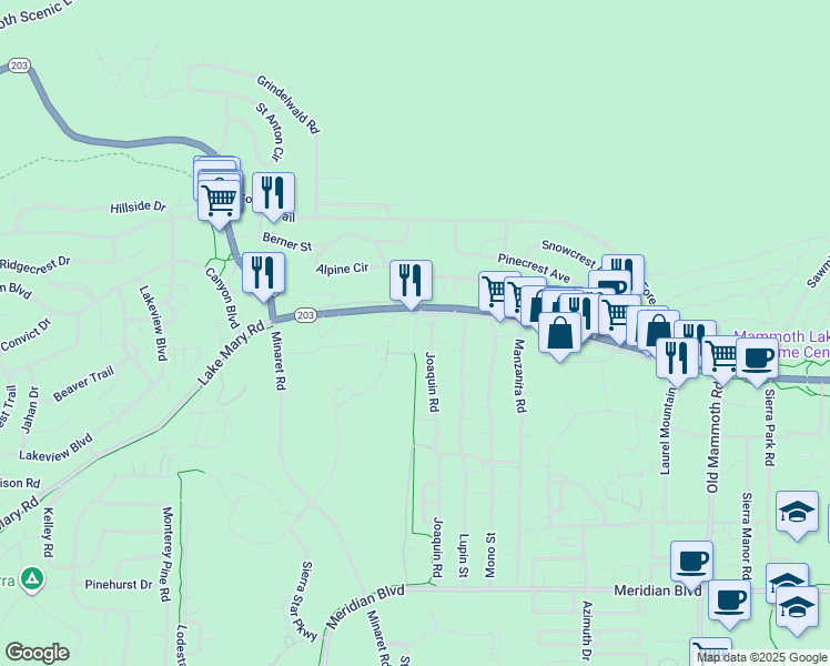 map of restaurants, bars, coffee shops, grocery stores, and more near 26 Joaquin Road in Mammoth Lakes