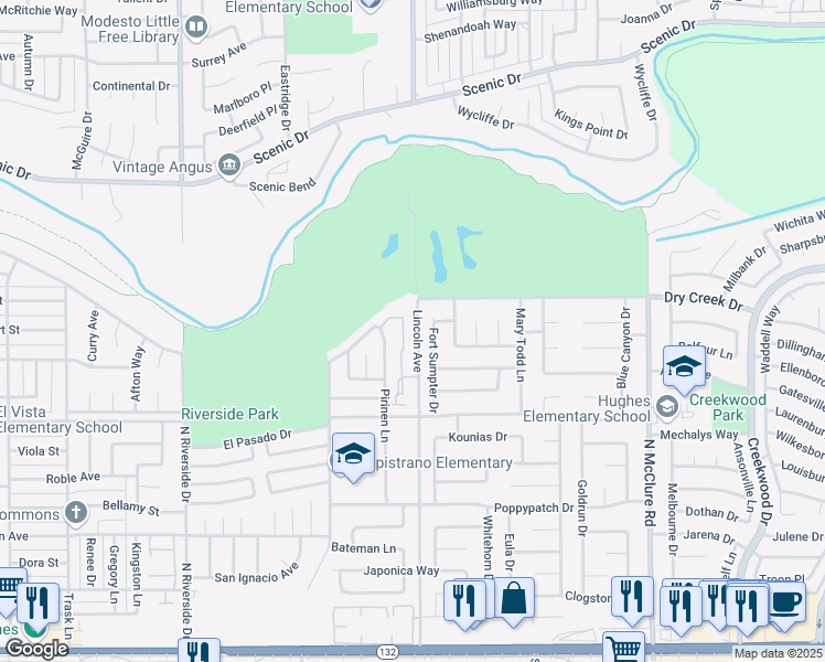 map of restaurants, bars, coffee shops, grocery stores, and more near 581 Lincoln Avenue in Modesto