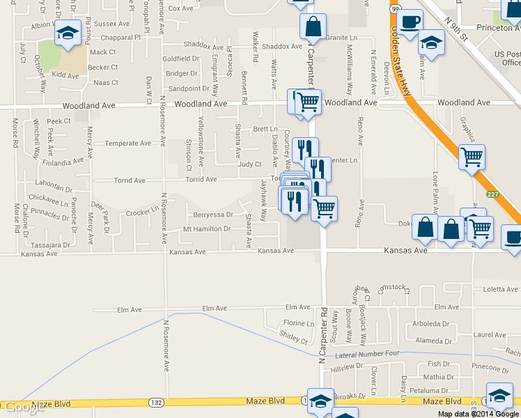 map of restaurants, bars, coffee shops, grocery stores, and more near 1009 Bobcat Court in Modesto