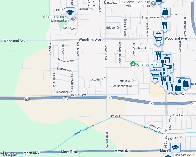 map of restaurants, bars, coffee shops, grocery stores, and more near 2207 Crocker Lane in Modesto