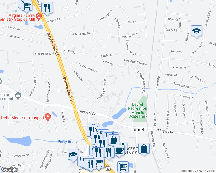 map of restaurants, bars, coffee shops, grocery stores, and more near 9404 Tracey Lynne Circle in Glen Allen