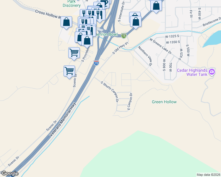 map of restaurants, bars, coffee shops, grocery stores, and more near South Shurtz Canyon Drive in Cedar City