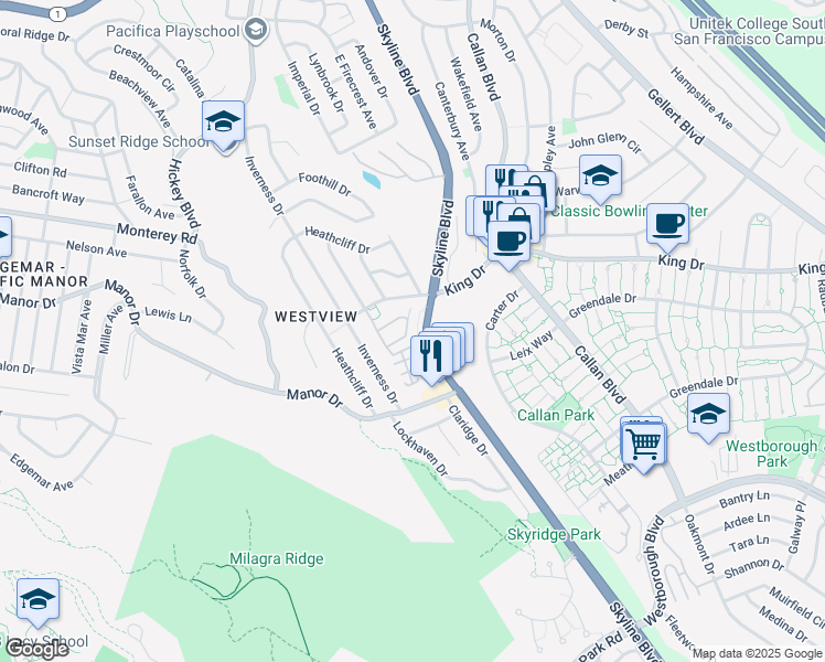 map of restaurants, bars, coffee shops, grocery stores, and more near in Pacifica