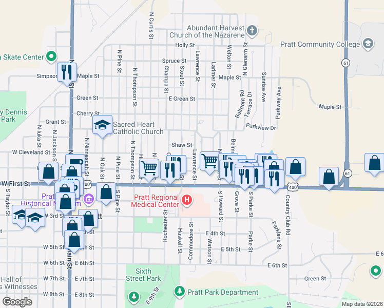 map of restaurants, bars, coffee shops, grocery stores, and more near 318 Shaw Street in Pratt