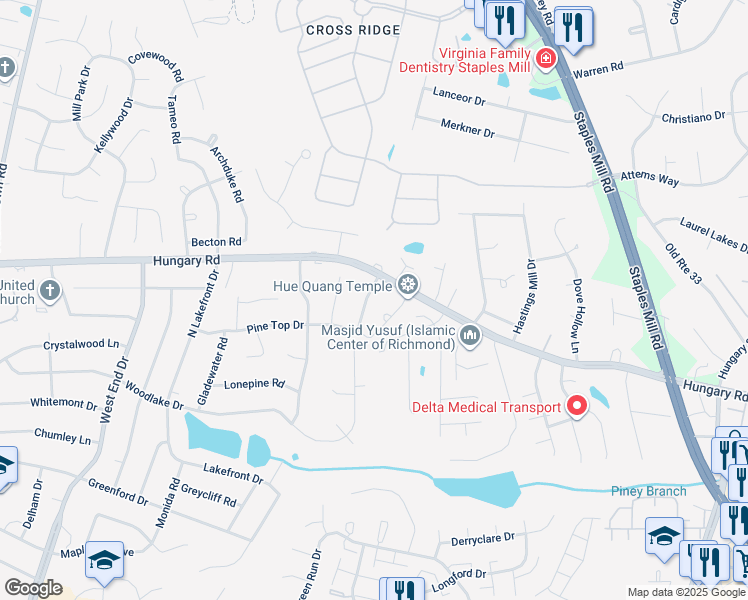 map of restaurants, bars, coffee shops, grocery stores, and more near 4419 Everville Drive in Henrico