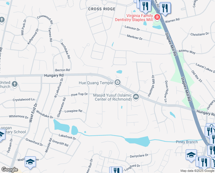 map of restaurants, bars, coffee shops, grocery stores, and more near 4419 Everville Drive in Henrico