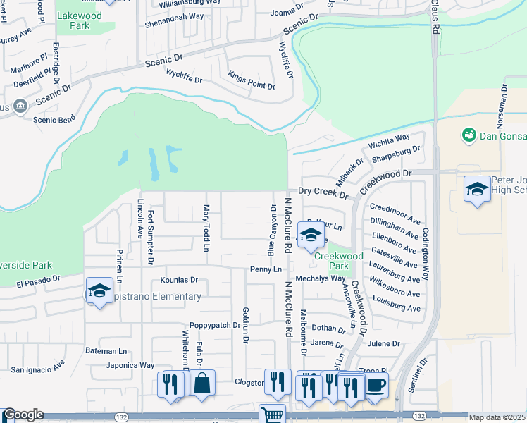 map of restaurants, bars, coffee shops, grocery stores, and more near 3400 Melones Court in Modesto
