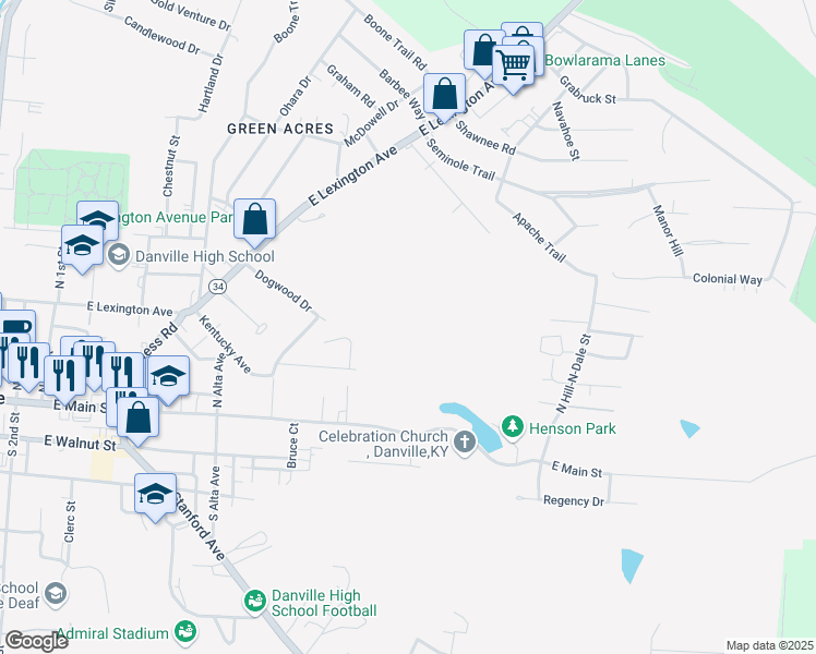 map of restaurants, bars, coffee shops, grocery stores, and more near 420 East Lexington Avenue in Danville
