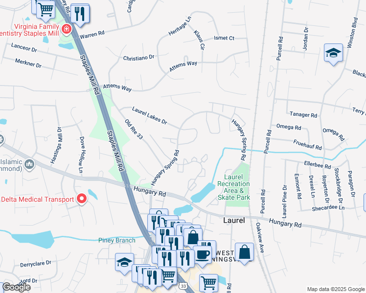 map of restaurants, bars, coffee shops, grocery stores, and more near 9402 Tracey Lynne Circle in Glen Allen