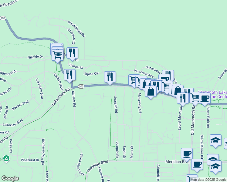 map of restaurants, bars, coffee shops, grocery stores, and more near 26 Joaquin Rd in Mammoth Lakes