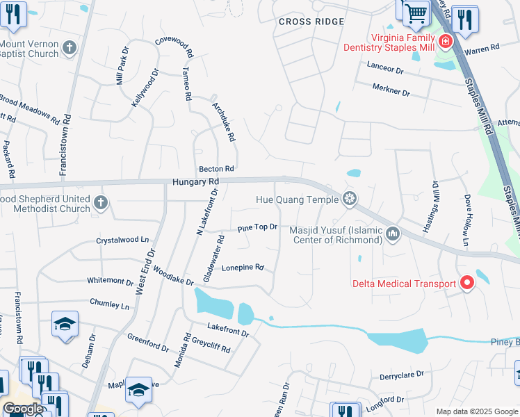 map of restaurants, bars, coffee shops, grocery stores, and more near 8701 Gladewater Court in Henrico