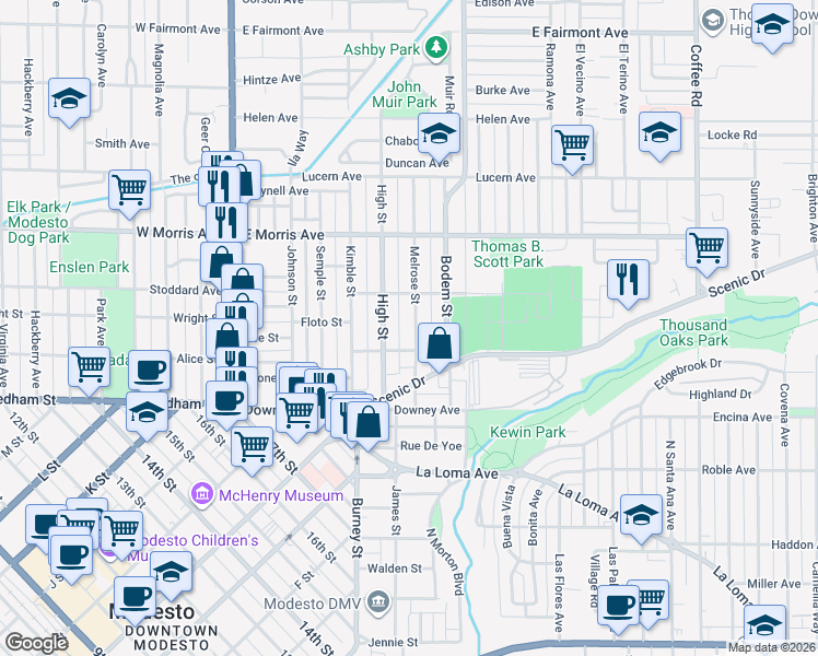 map of restaurants, bars, coffee shops, grocery stores, and more near 217 Melrose Street in Modesto