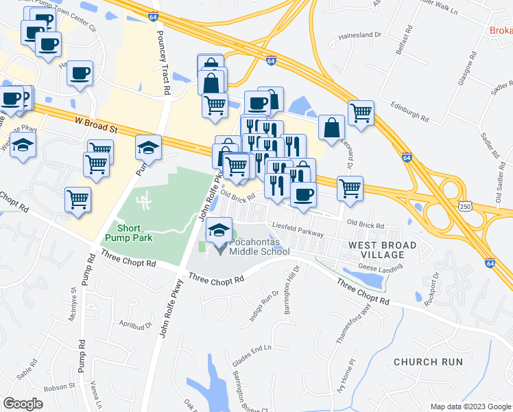 map of restaurants, bars, coffee shops, grocery stores, and more near 2501 Old Brick Road in Glen Allen