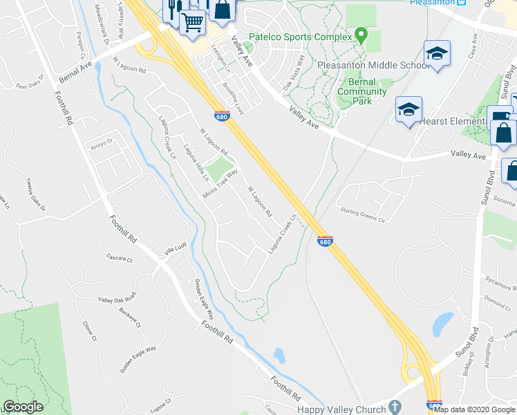 map of restaurants, bars, coffee shops, grocery stores, and more near 1130 West Lagoon Road in Pleasanton