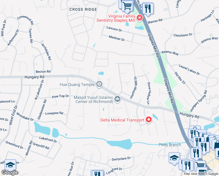 map of restaurants, bars, coffee shops, grocery stores, and more near 9601 Hill Trace Court in Glen Allen