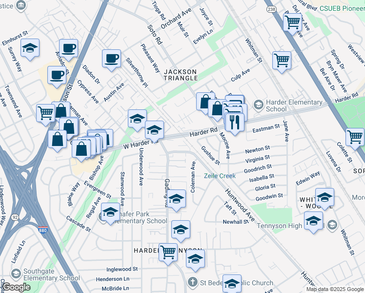 map of restaurants, bars, coffee shops, grocery stores, and more near 30 West Harder Road in Hayward