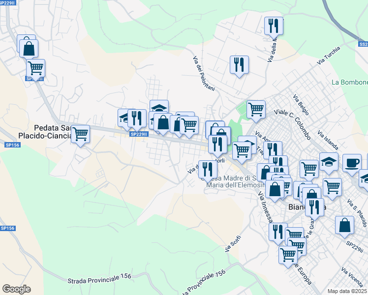 map of restaurants, bars, coffee shops, grocery stores, and more near 61 Via dei Fiori in Biancavilla