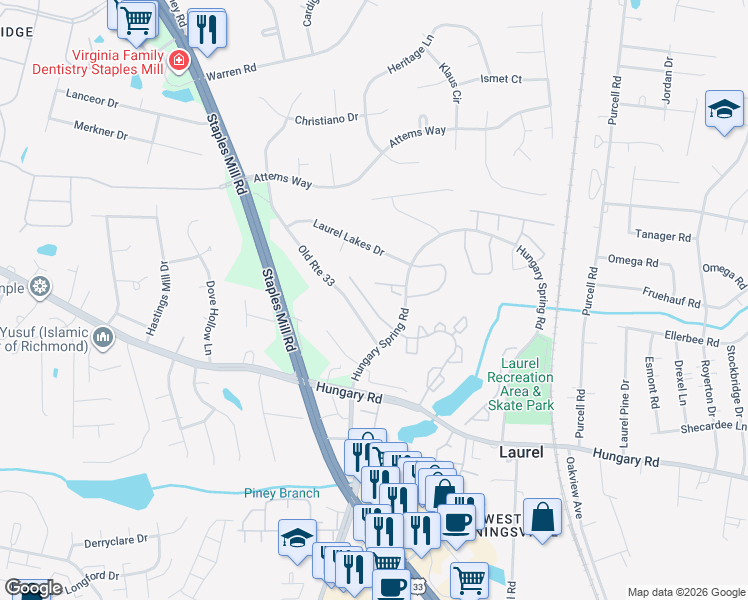map of restaurants, bars, coffee shops, grocery stores, and more near 9733 Candace Terrace in Glen Allen