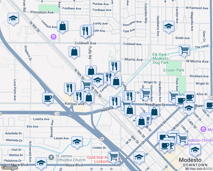 map of restaurants, bars, coffee shops, grocery stores, and more near 211 Campus Way in Modesto