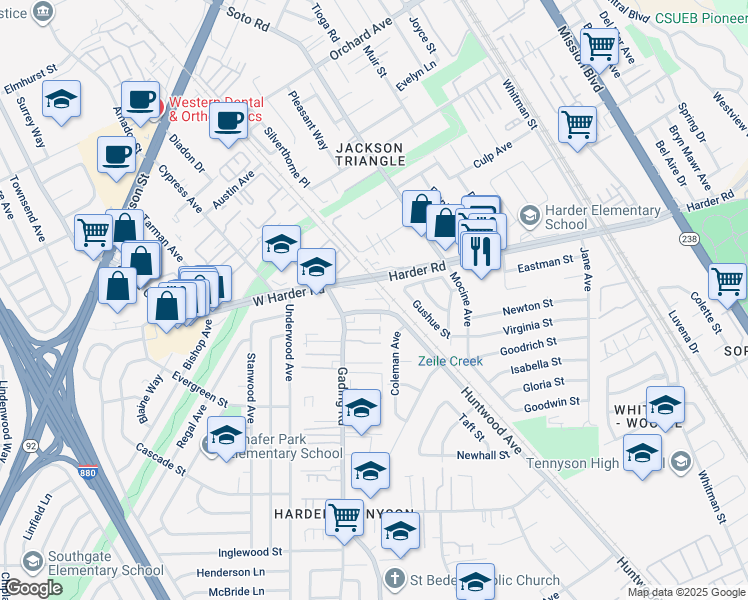 map of restaurants, bars, coffee shops, grocery stores, and more near 30 West Harder Road in Hayward