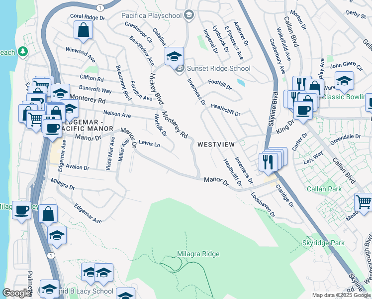map of restaurants, bars, coffee shops, grocery stores, and more near 457 Norfolk Drive in Pacifica