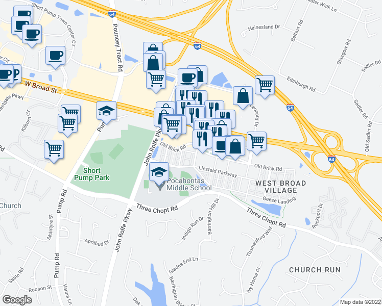 map of restaurants, bars, coffee shops, grocery stores, and more near 2511 Perch Lane in Glen Allen