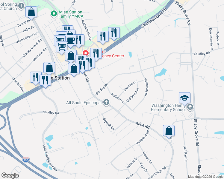map of restaurants, bars, coffee shops, grocery stores, and more near 9104 Rutland Road in Mechanicsville