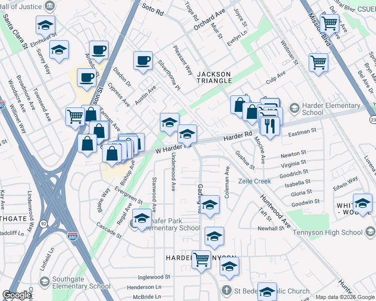 map of restaurants, bars, coffee shops, grocery stores, and more near 166 West Harder Road in Hayward