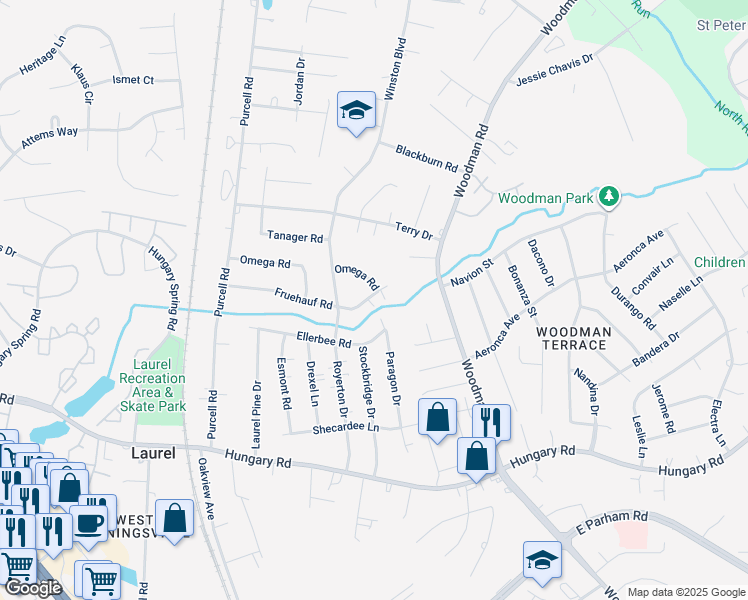 map of restaurants, bars, coffee shops, grocery stores, and more near 2405 Fruehauf Road in Richmond