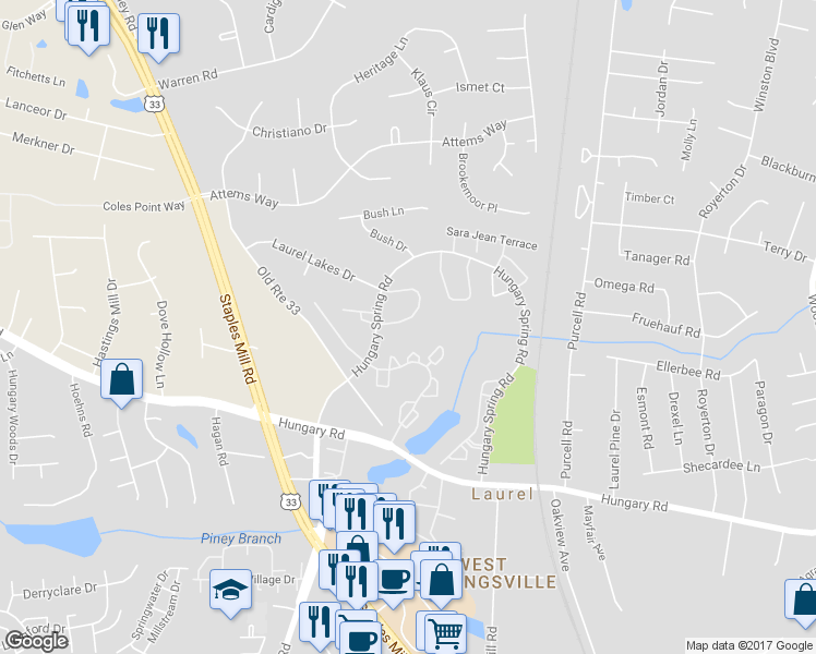 map of restaurants, bars, coffee shops, grocery stores, and more near 9422 Tracey Lynne Circle in Glen Allen