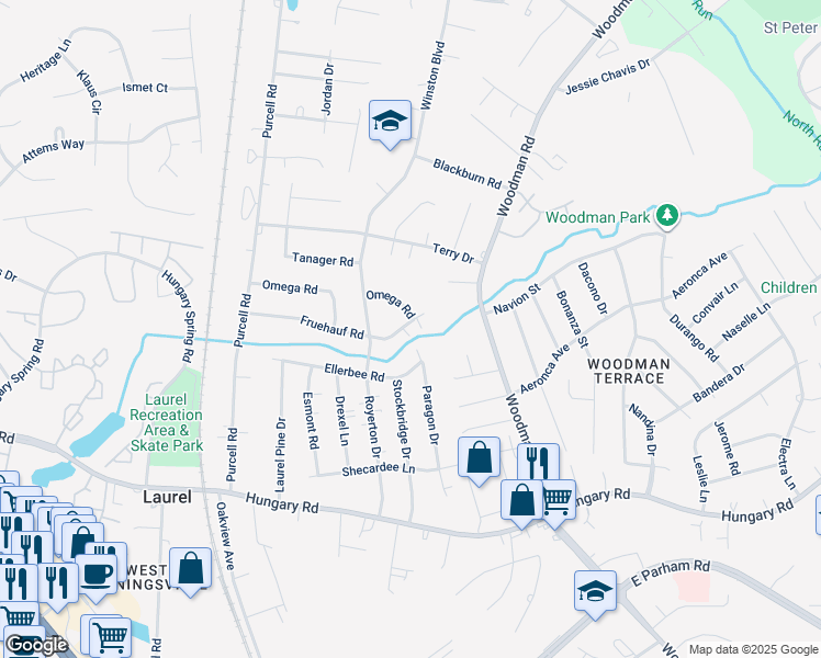 map of restaurants, bars, coffee shops, grocery stores, and more near 2405 Fruehauf Road in Richmond