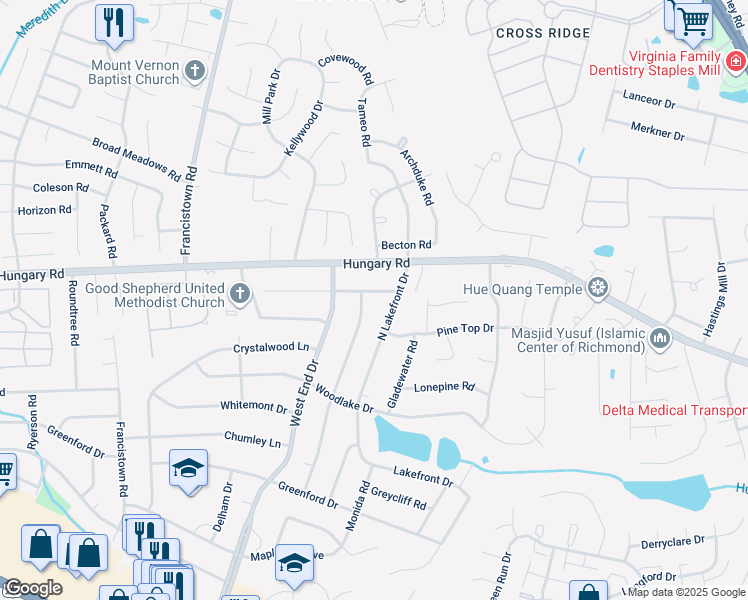 map of restaurants, bars, coffee shops, grocery stores, and more near 9007 Prestondale Avenue in Richmond