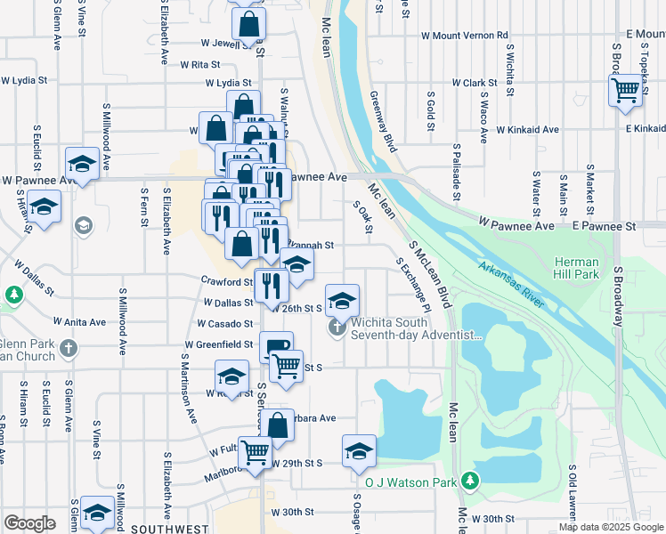 map of restaurants, bars, coffee shops, grocery stores, and more near 810 West 25th Street South in Wichita