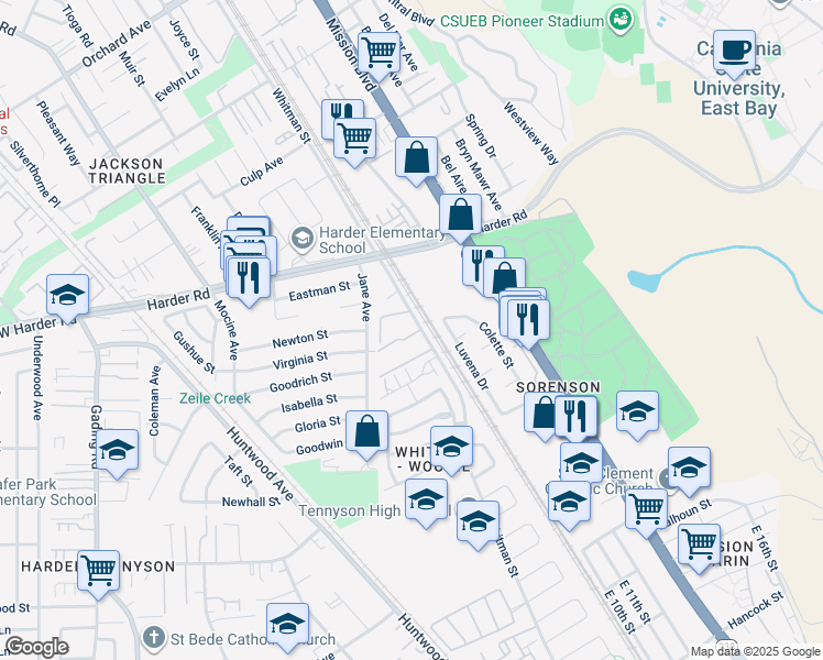 map of restaurants, bars, coffee shops, grocery stores, and more near 26379 Whitman Street in Hayward