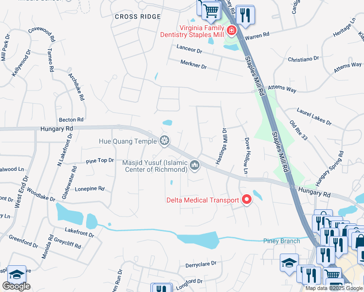 map of restaurants, bars, coffee shops, grocery stores, and more near 9601 Hill Trace Court in Glen Allen