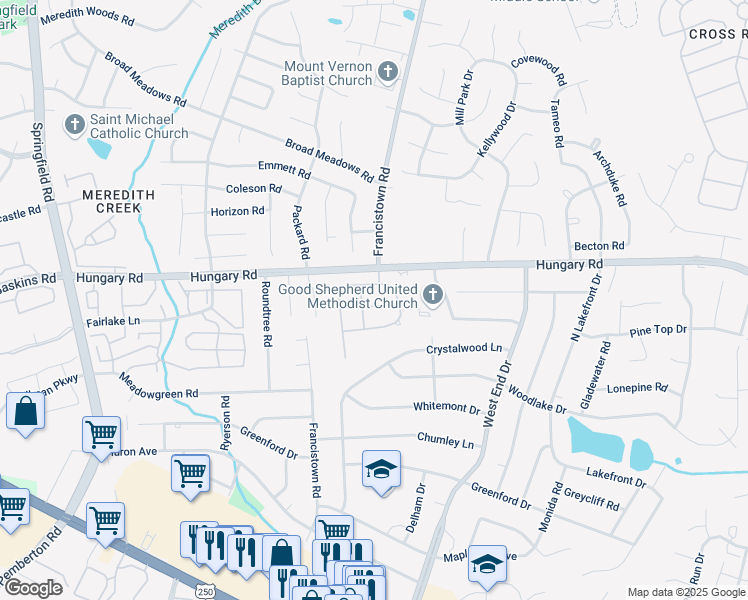 map of restaurants, bars, coffee shops, grocery stores, and more near 9005 Bayapple Court in Richmond