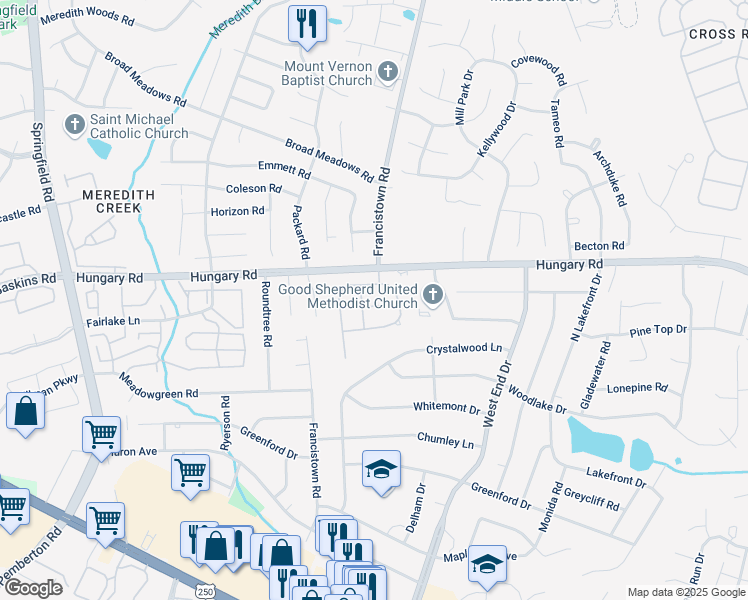 map of restaurants, bars, coffee shops, grocery stores, and more near 9005 Bayapple Court in Richmond