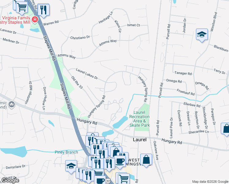 map of restaurants, bars, coffee shops, grocery stores, and more near 9449 Tracey Lynne Circle in Glen Allen
