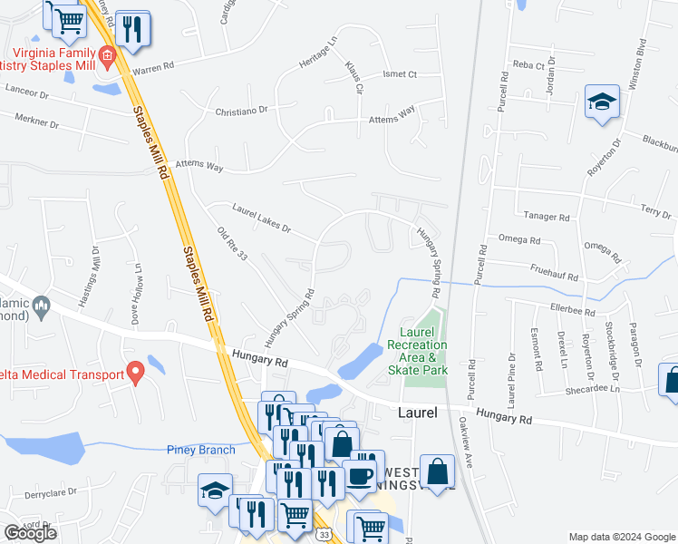map of restaurants, bars, coffee shops, grocery stores, and more near 9422 Tracey Lynne Circle in Glen Allen