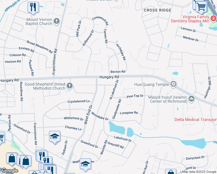 map of restaurants, bars, coffee shops, grocery stores, and more near 9007 Prestondale Avenue in Richmond
