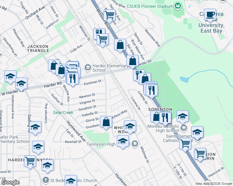 map of restaurants, bars, coffee shops, grocery stores, and more near 26349 Whitman Street in Hayward