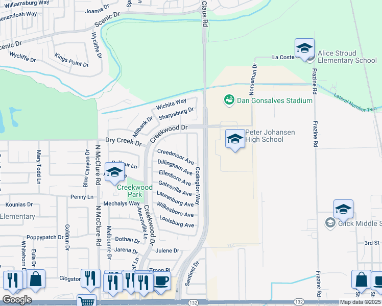 map of restaurants, bars, coffee shops, grocery stores, and more near 720 Carrboro Lane in Modesto